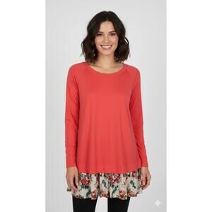 Red Lolly Floral Hem Long Sleeve Shirt Tunic Womens Large Bright Coral New